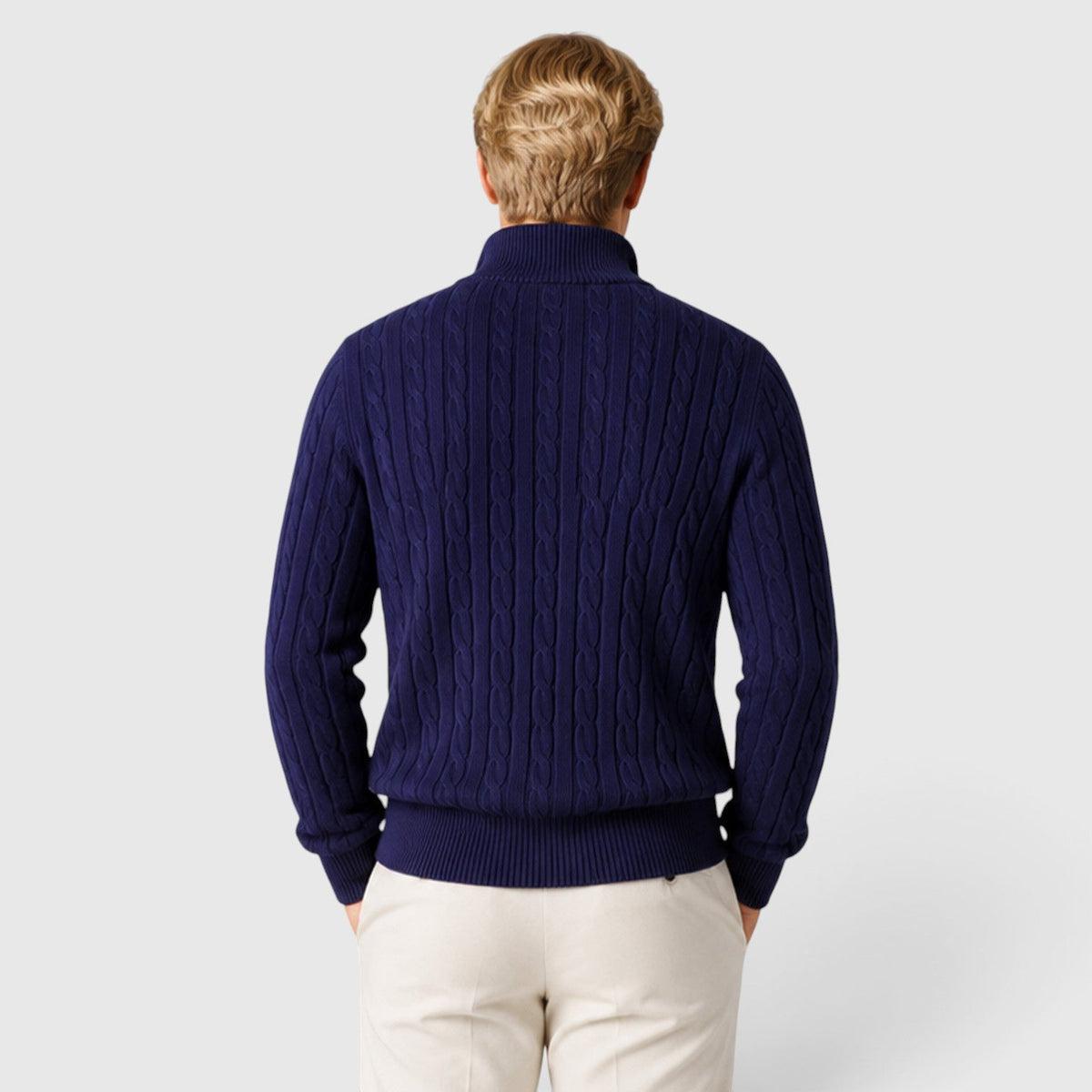Men's cable knit zip neck jumper, back view