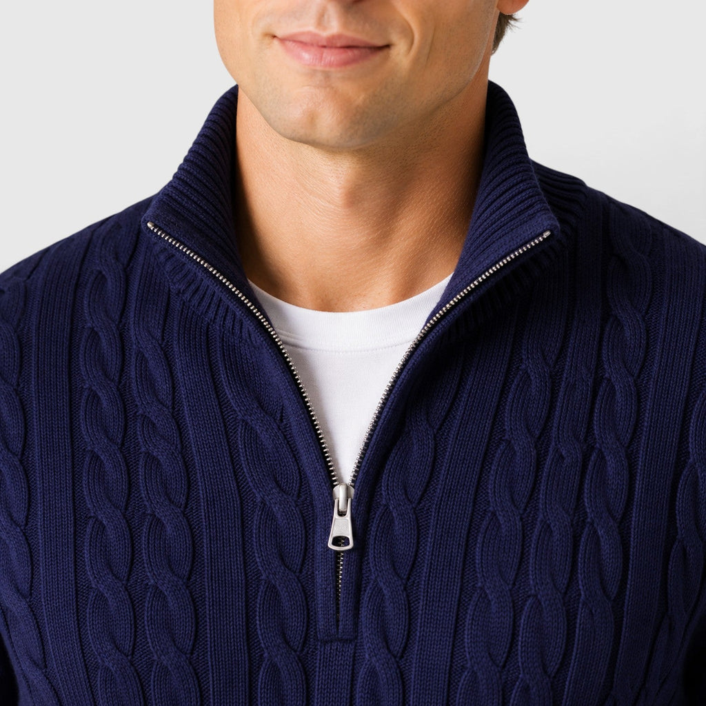 Men's cable knit zip neck jumper, side view