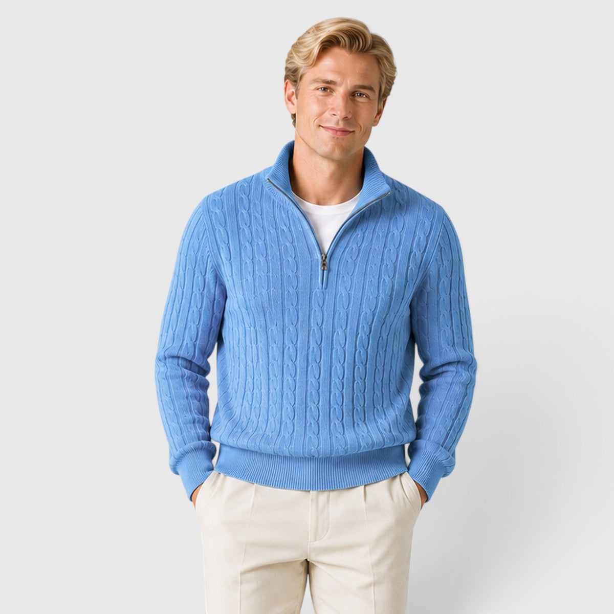 Men's cable knit zip neck jumper, view 13