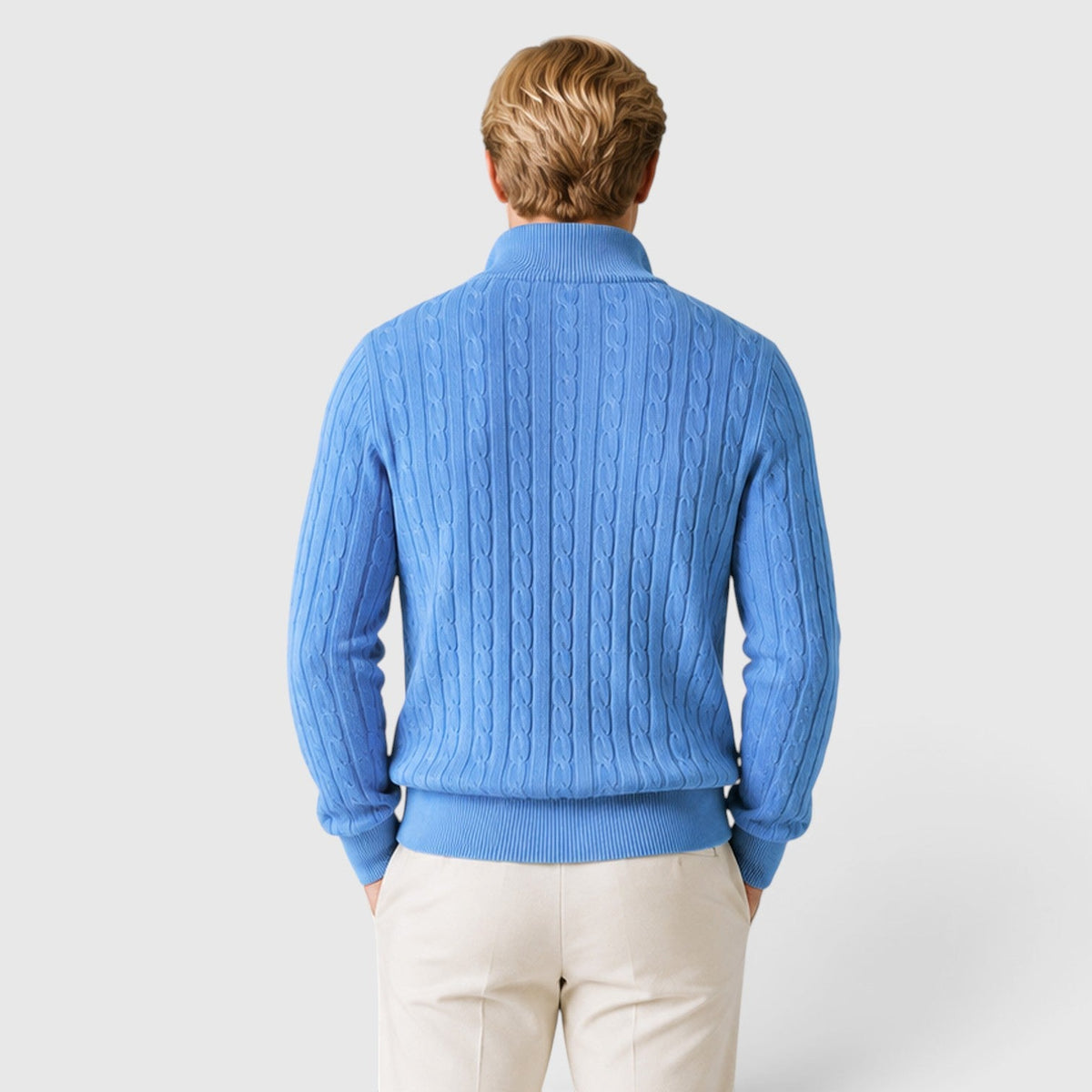 Men's cable knit zip neck jumper, view 14