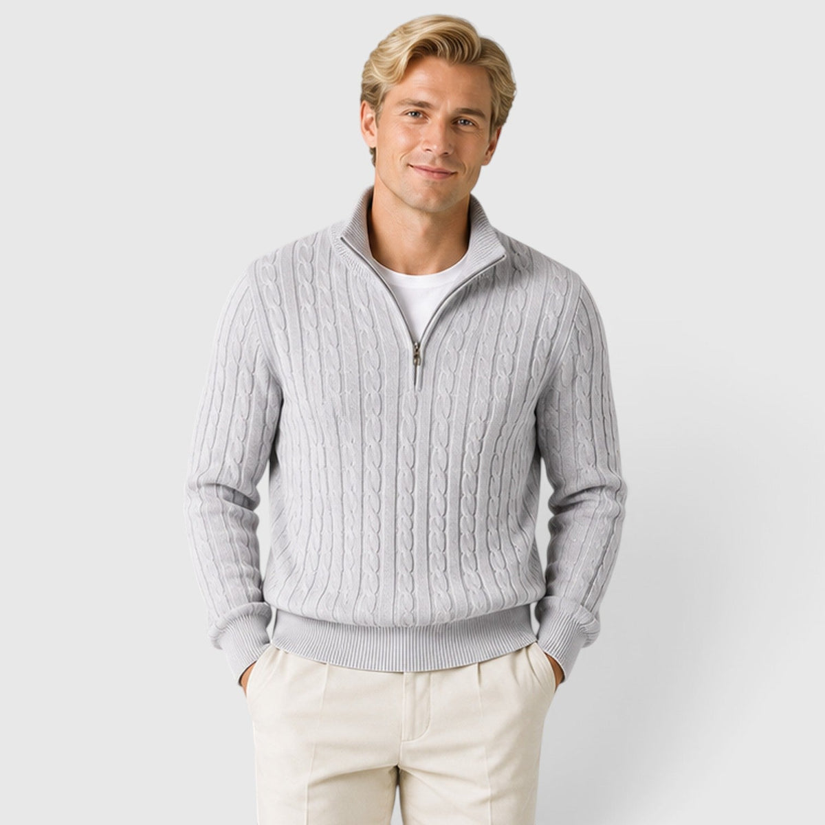 Men's cable knit zip neck jumper, view 6