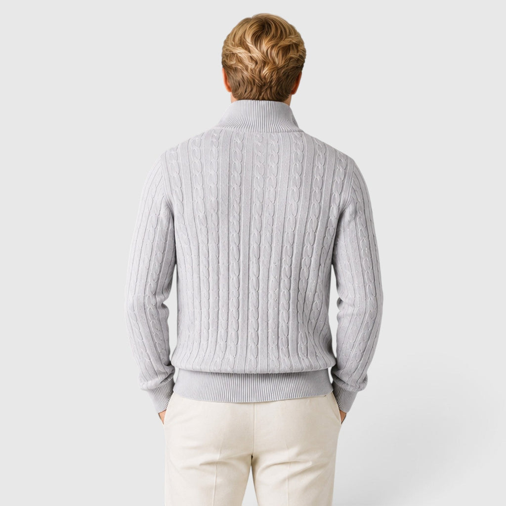 Men's cable knit zip neck jumper, view 7