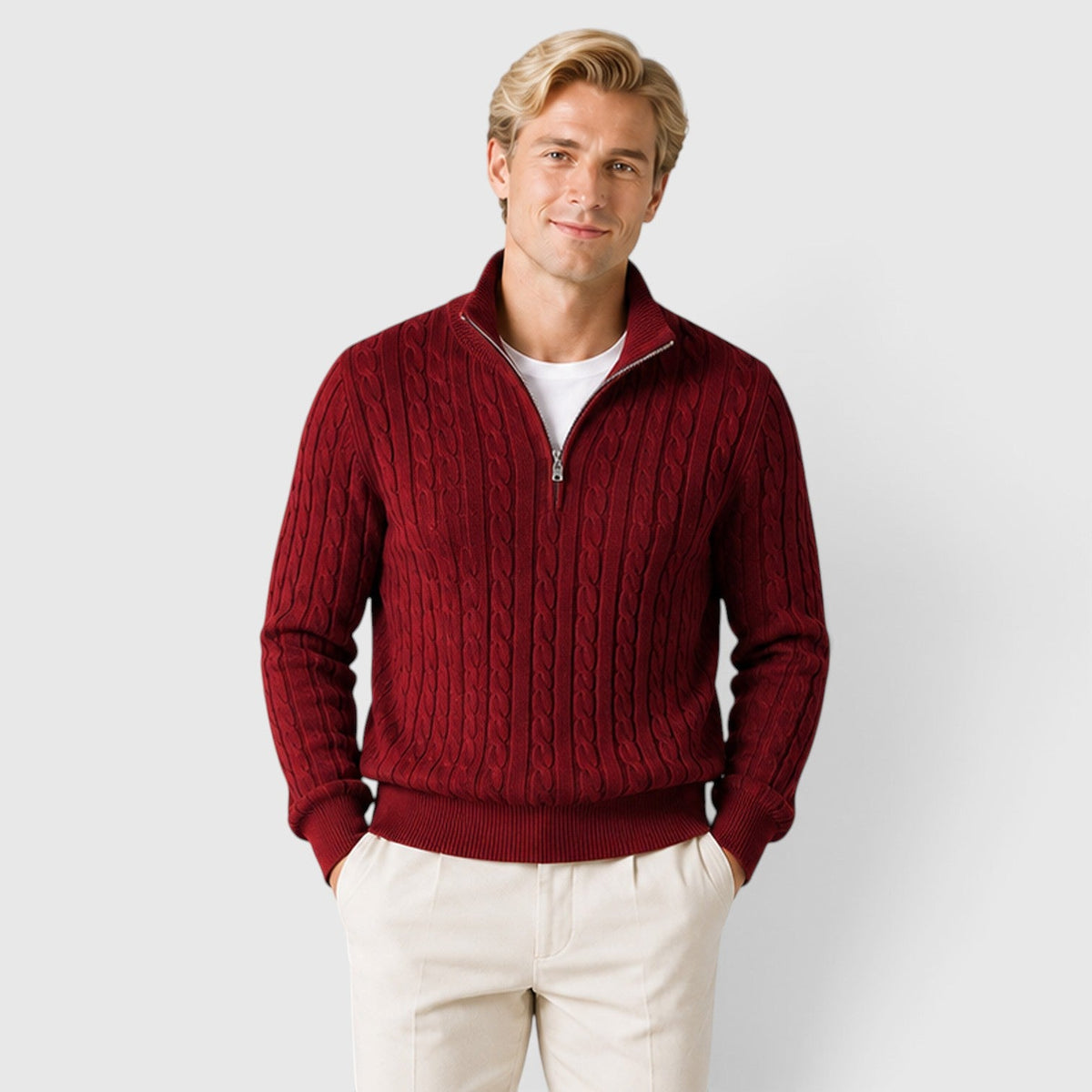 Men's cable knit zip neck jumper, detail