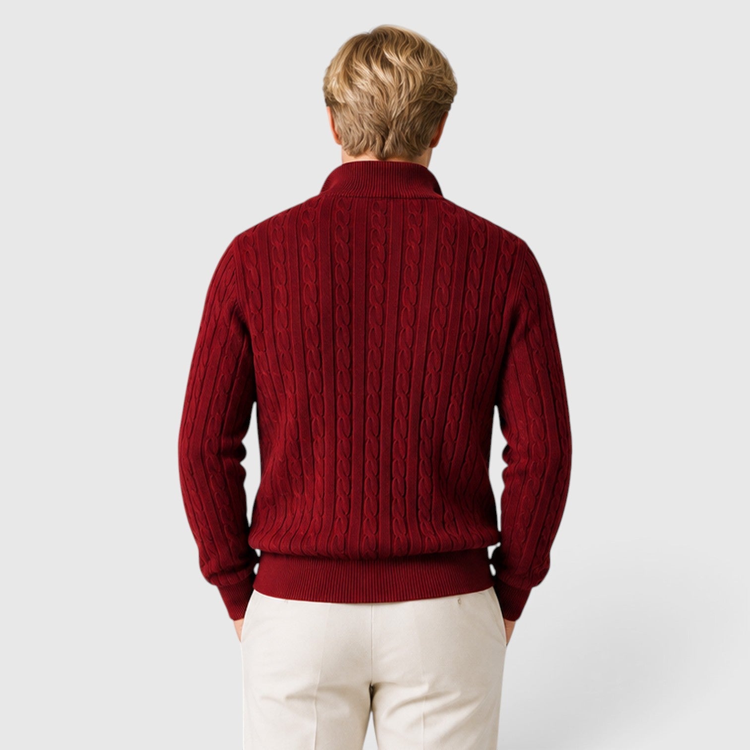 Men's cable knit zip neck jumper, view 5
