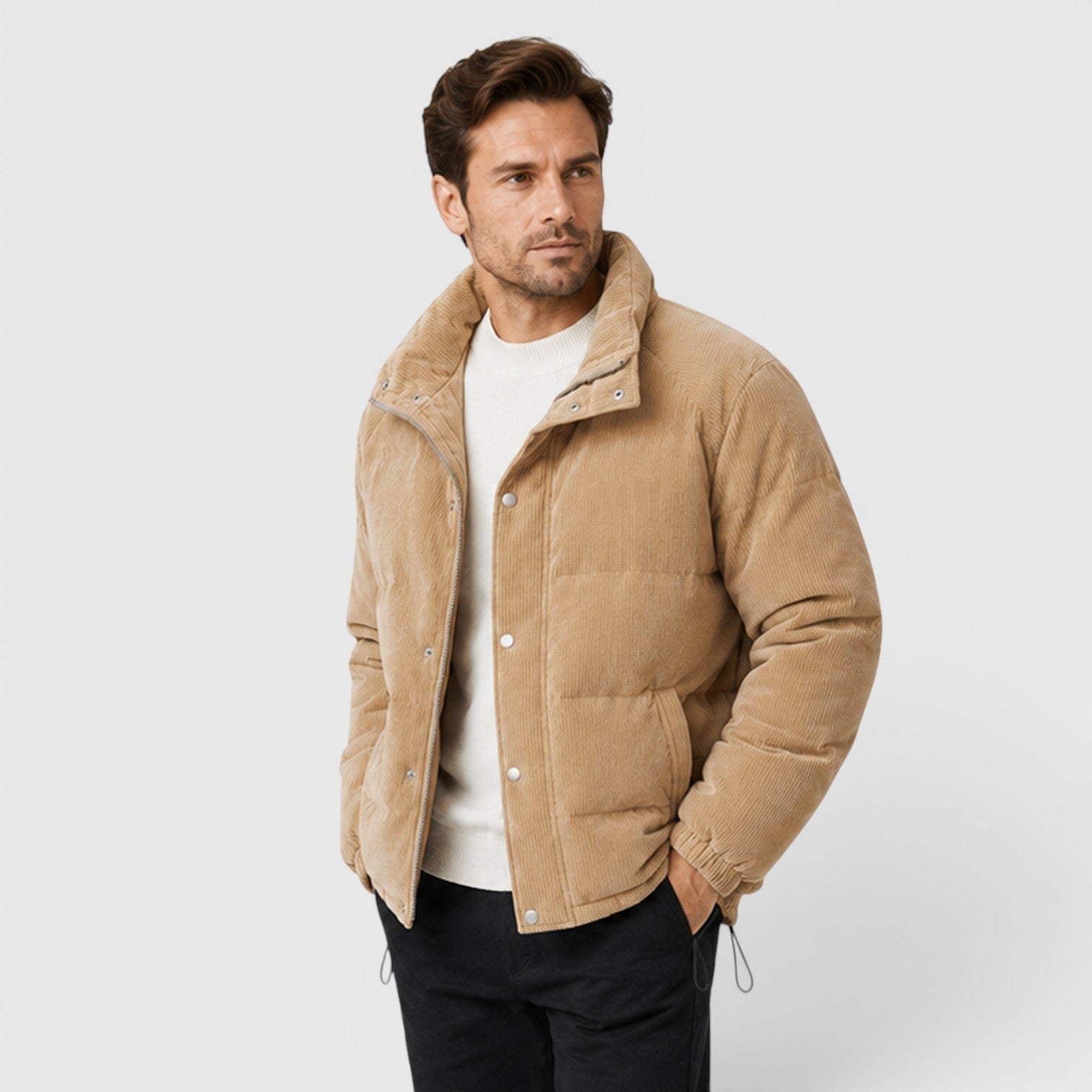 Men's lightweight padded puffer jacket, back view