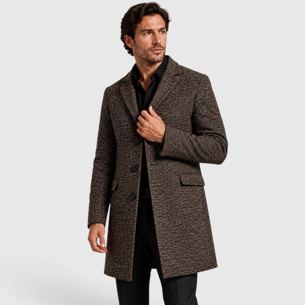Men's tailored single breasted wool coat, side view