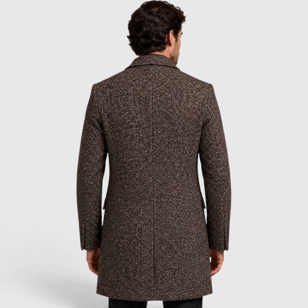Men's tailored single breasted wool coat, back view