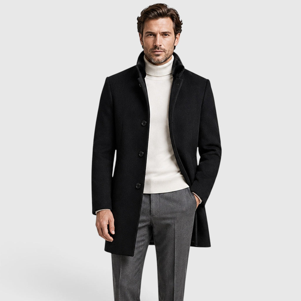 Men's classic lapel wool overcoat, back view