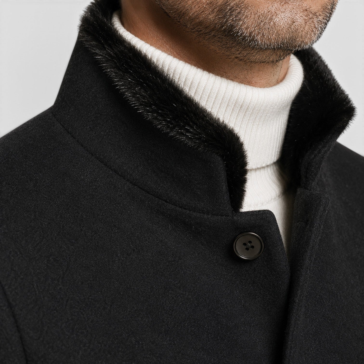 Men's classic lapel wool overcoat, side view