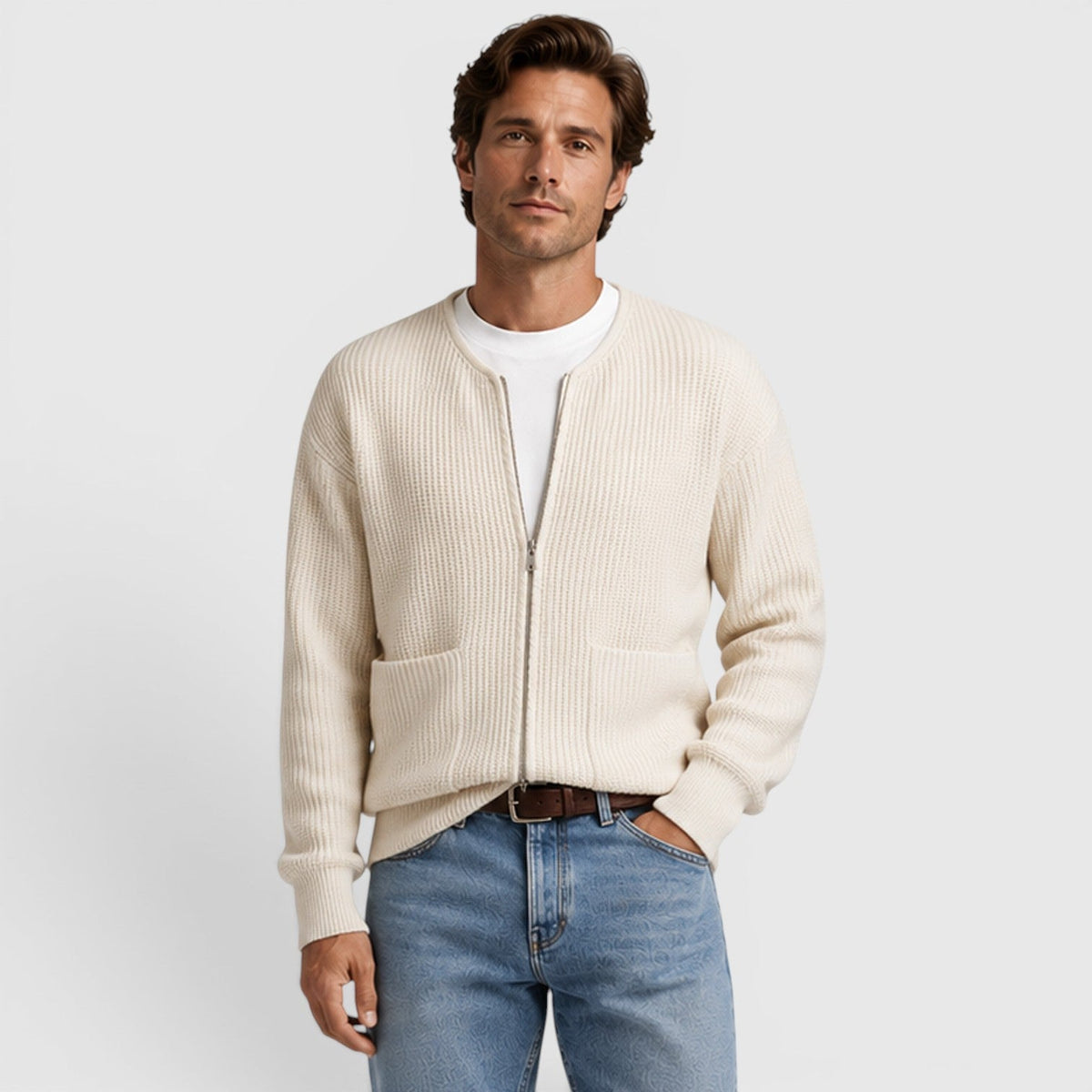 Men's funnel neck zip knit cardigan, view 5