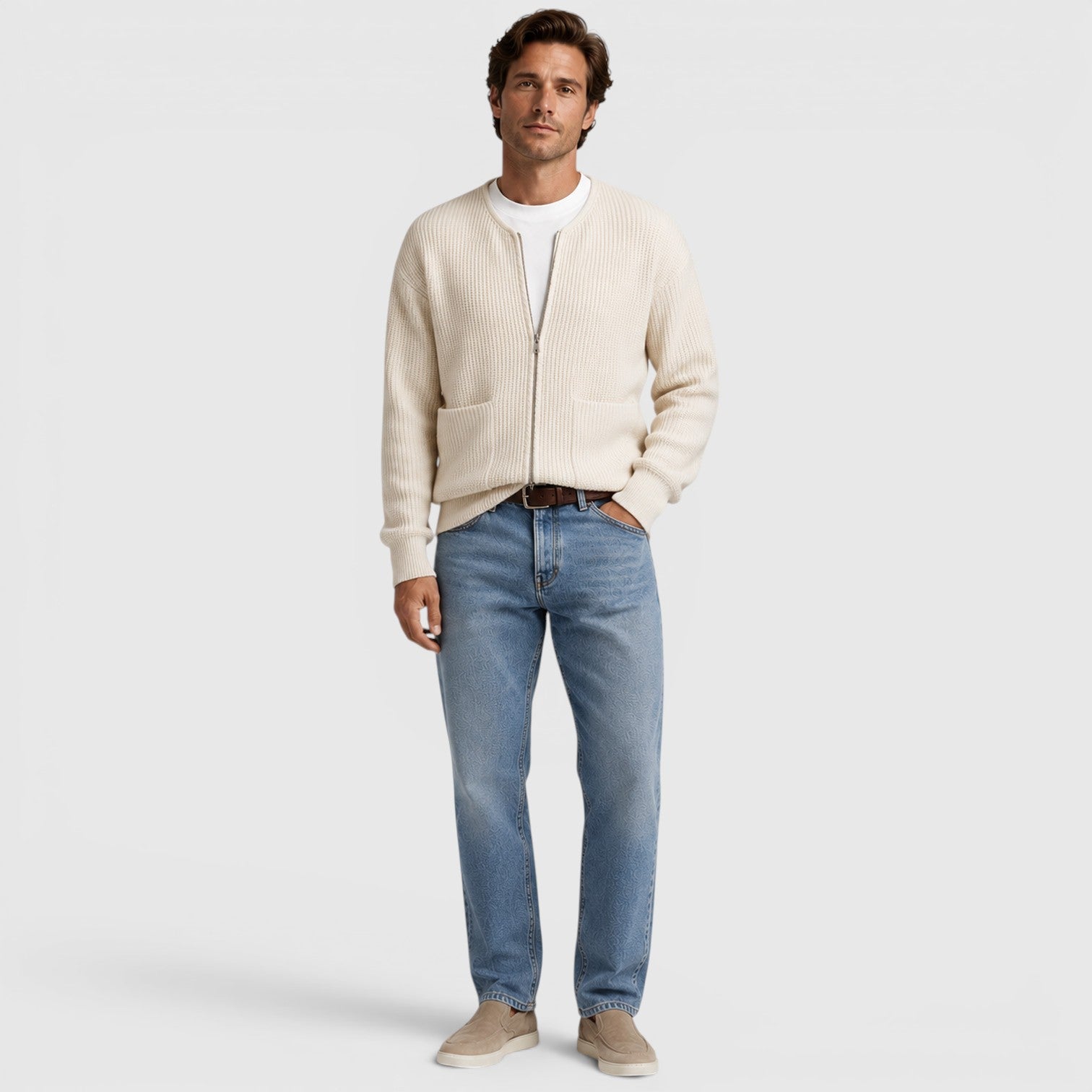 Men's funnel neck zip knit cardigan, view 7