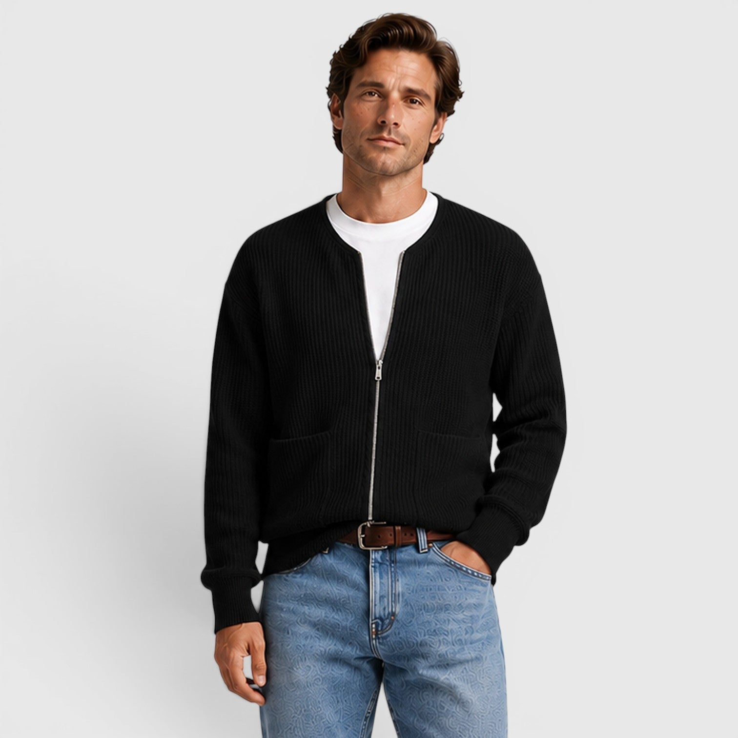 Men's funnel neck zip knit cardigan, view 12