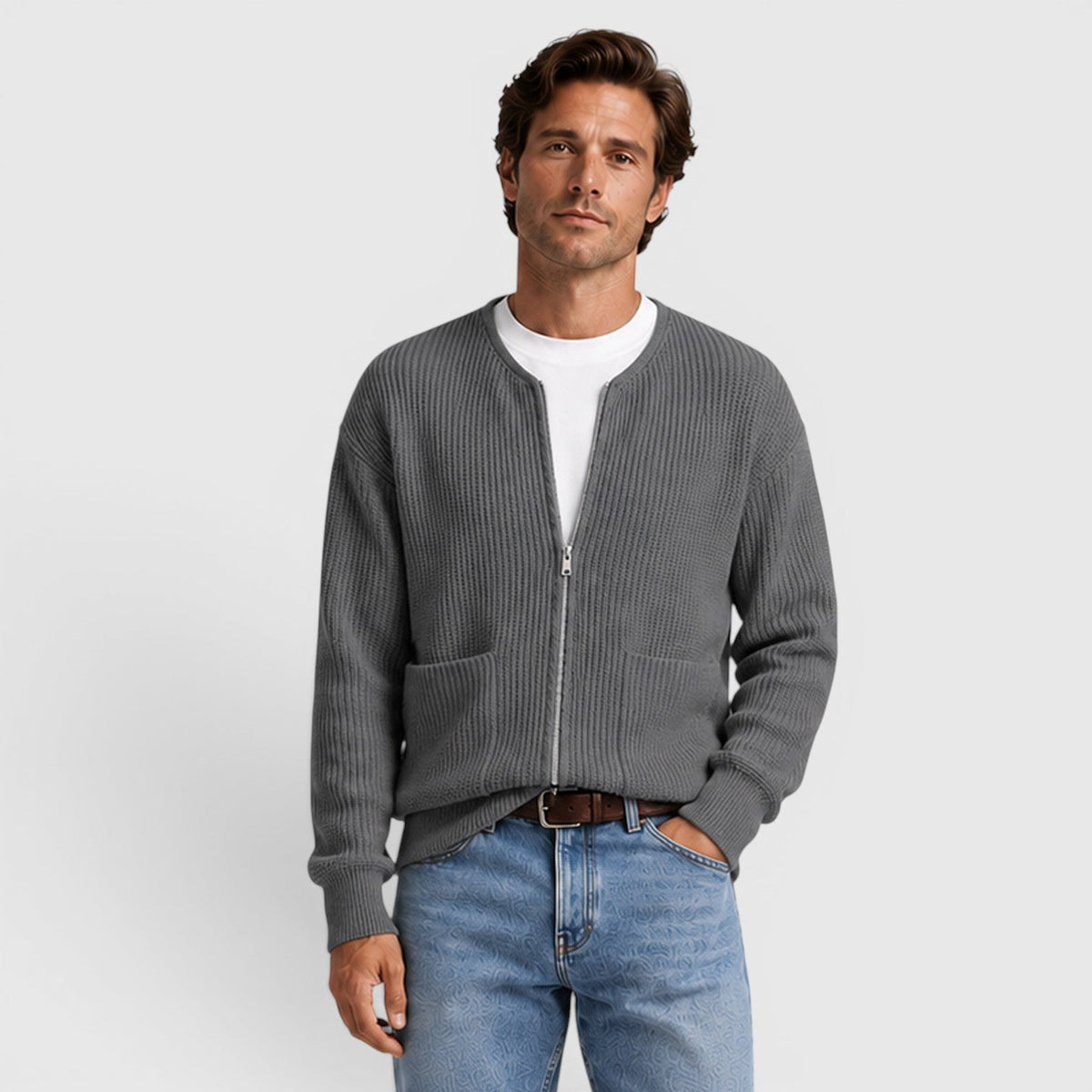 Men's funnel neck zip knit cardigan, view 15