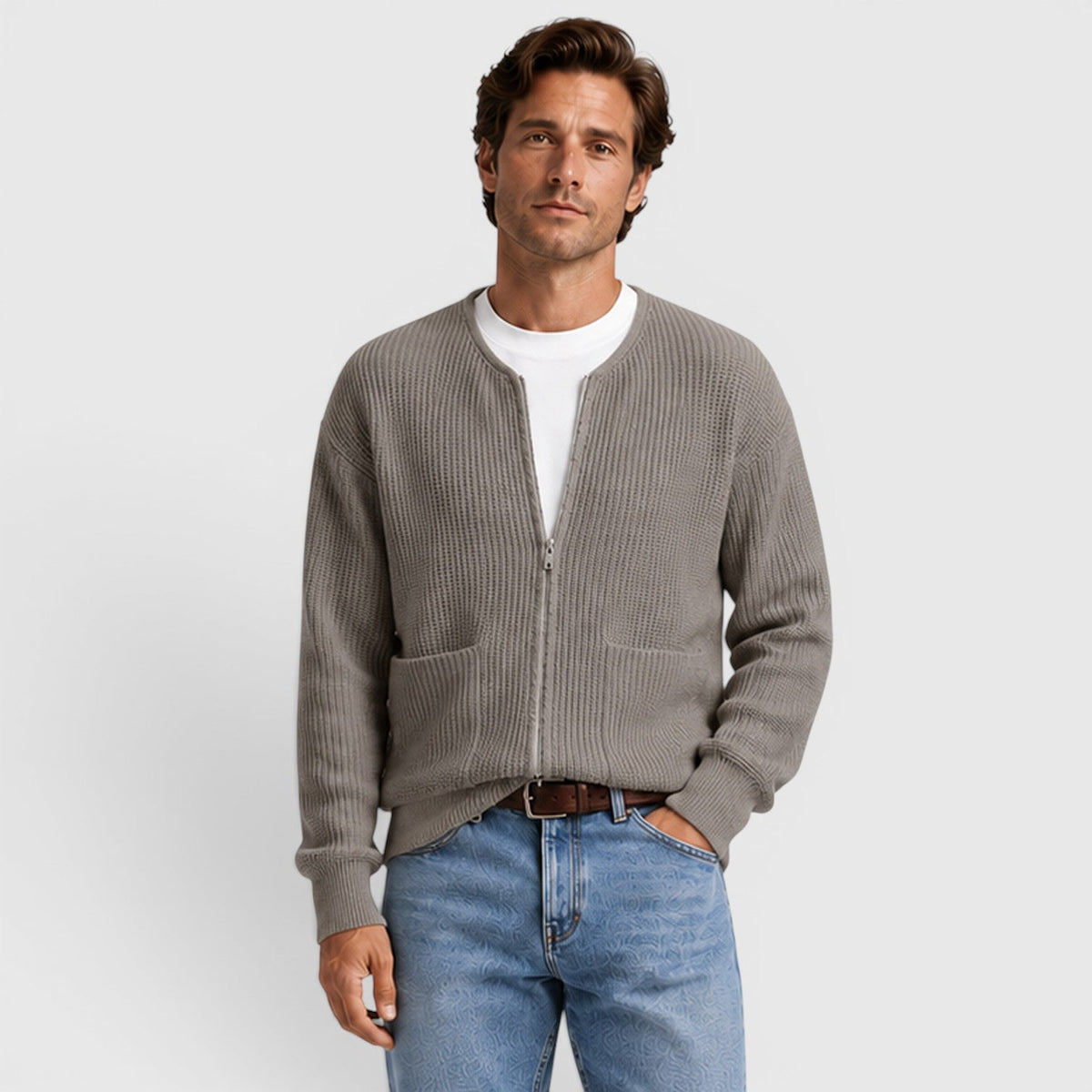 Men's funnel neck zip knit cardigan
