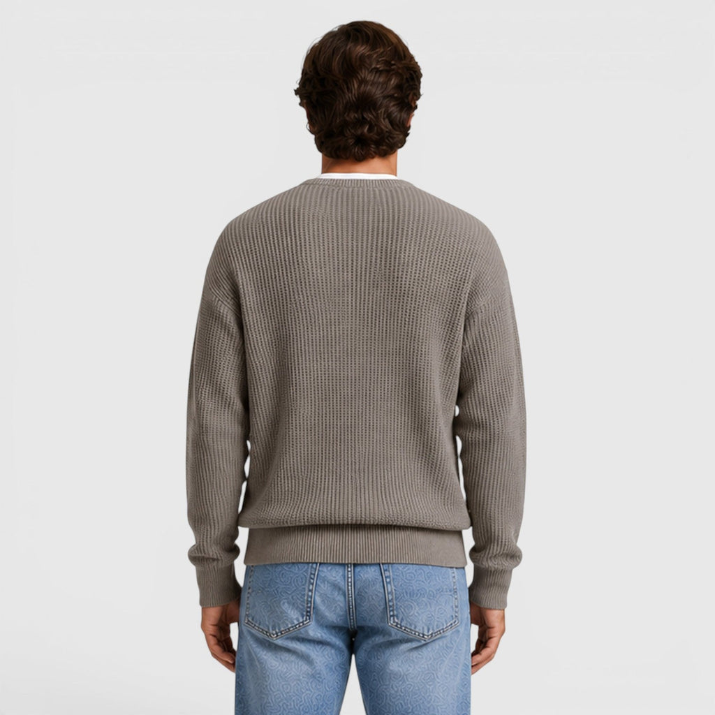 Men's funnel neck zip knit cardigan, side view