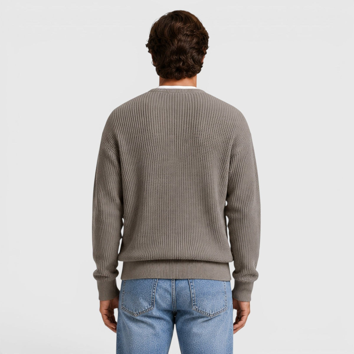 Men's funnel neck zip knit cardigan, side view