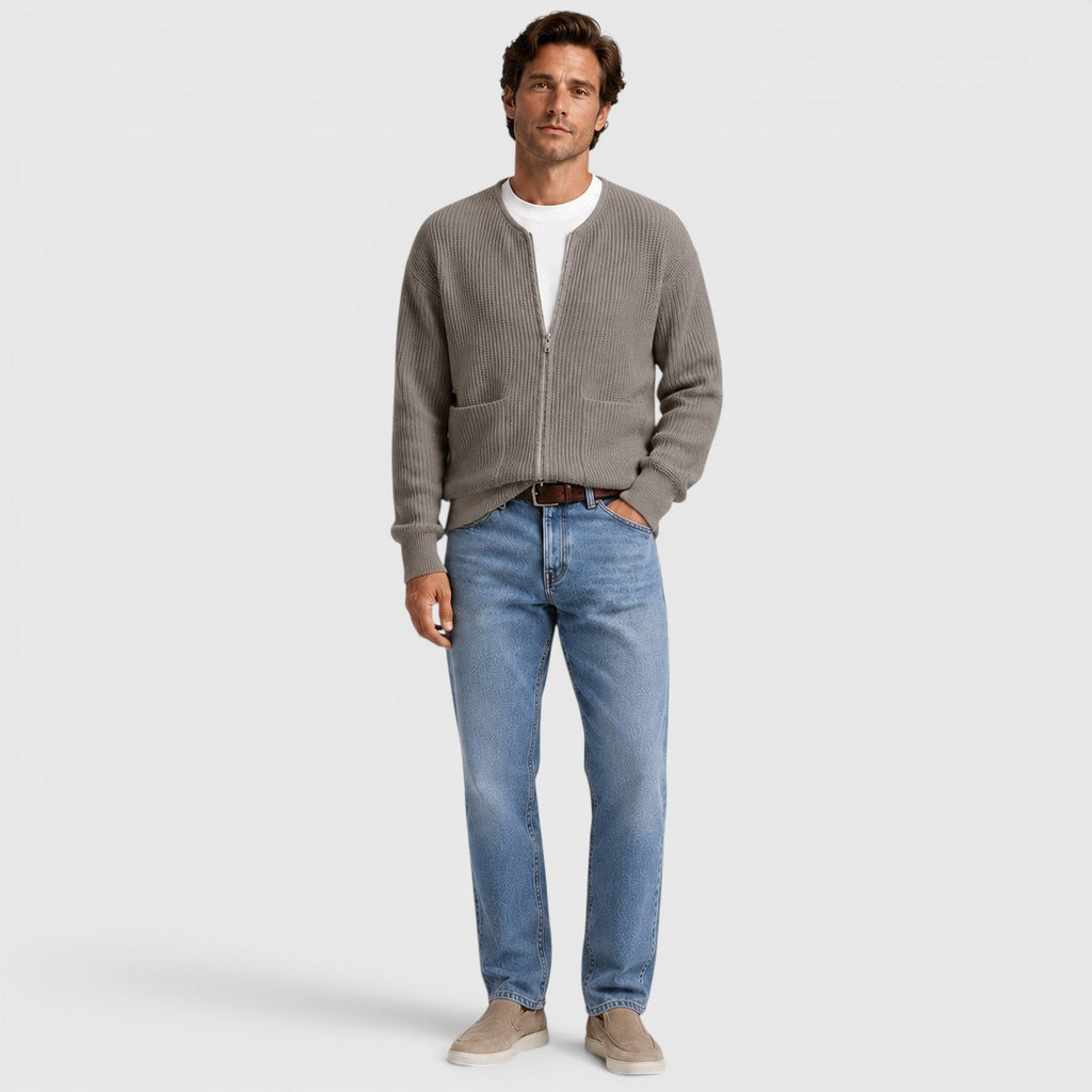Men's funnel neck zip knit cardigan, back view