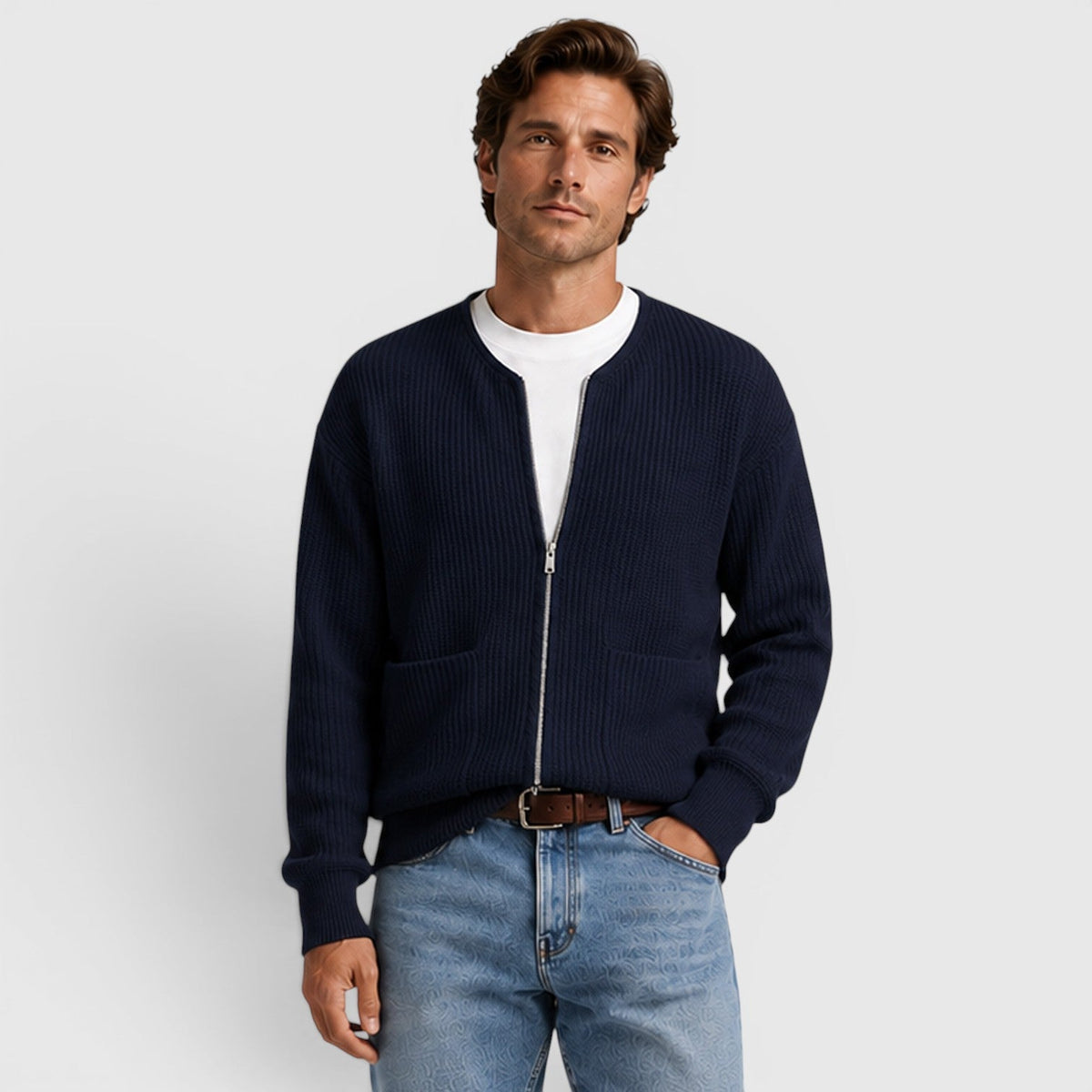 Men's funnel neck zip knit cardigan, view 9