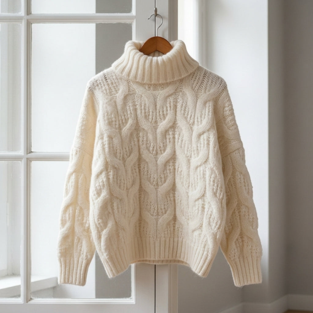 Women's chunky cable knit roll neck jumper on a wooden hanger - view 2