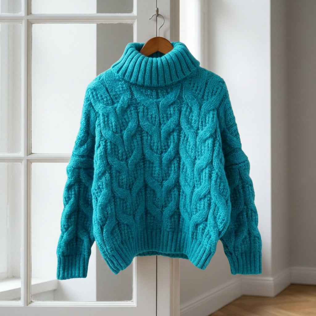Women's chunky cable knit roll neck jumper on a wooden hanger - view 3