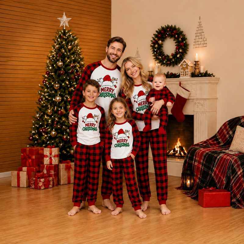 Christmas pajama set with white Santa hat graphic raglan top and buffalo plaid pants