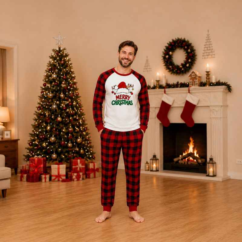 Christmas pajama set with white Santa hat graphic raglan top and buffalo plaid pants - view 2