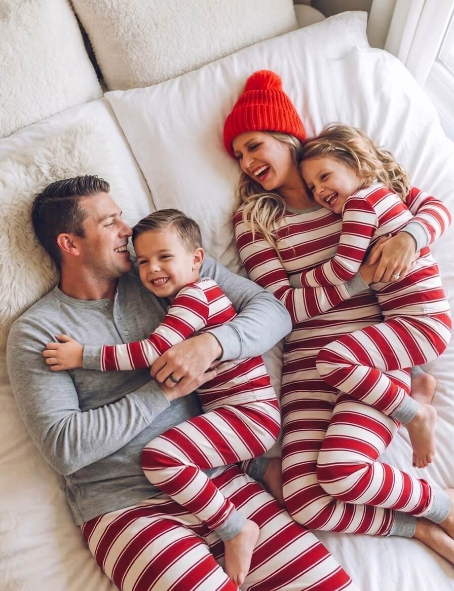 Family wearing matching red and white striped Christmas pyjamas with grey ribbed cuffs and a grey henley top