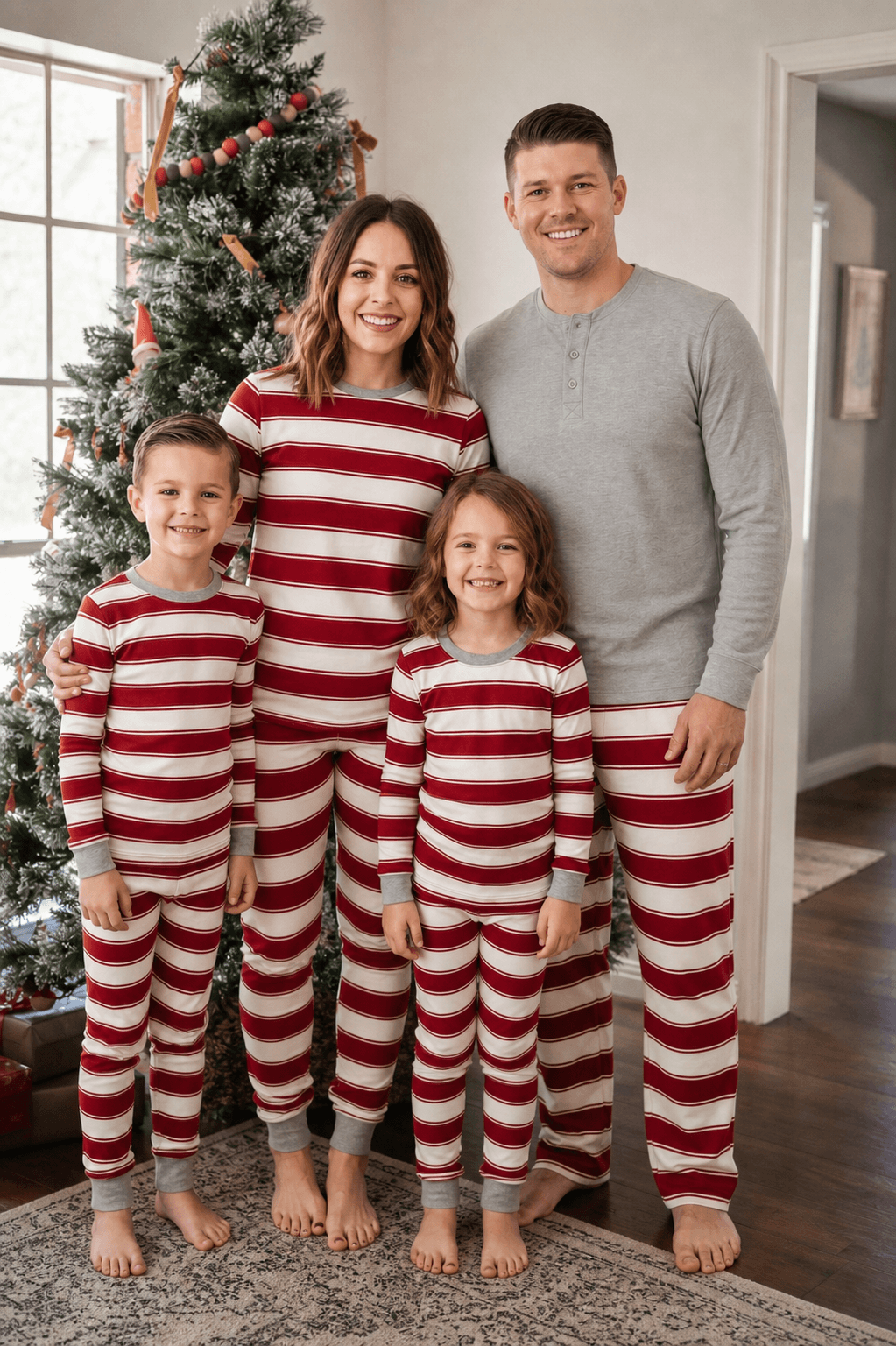 Family wearing matching red and white striped Christmas pyjamas with grey ribbed cuffs and a grey henley top - view 2