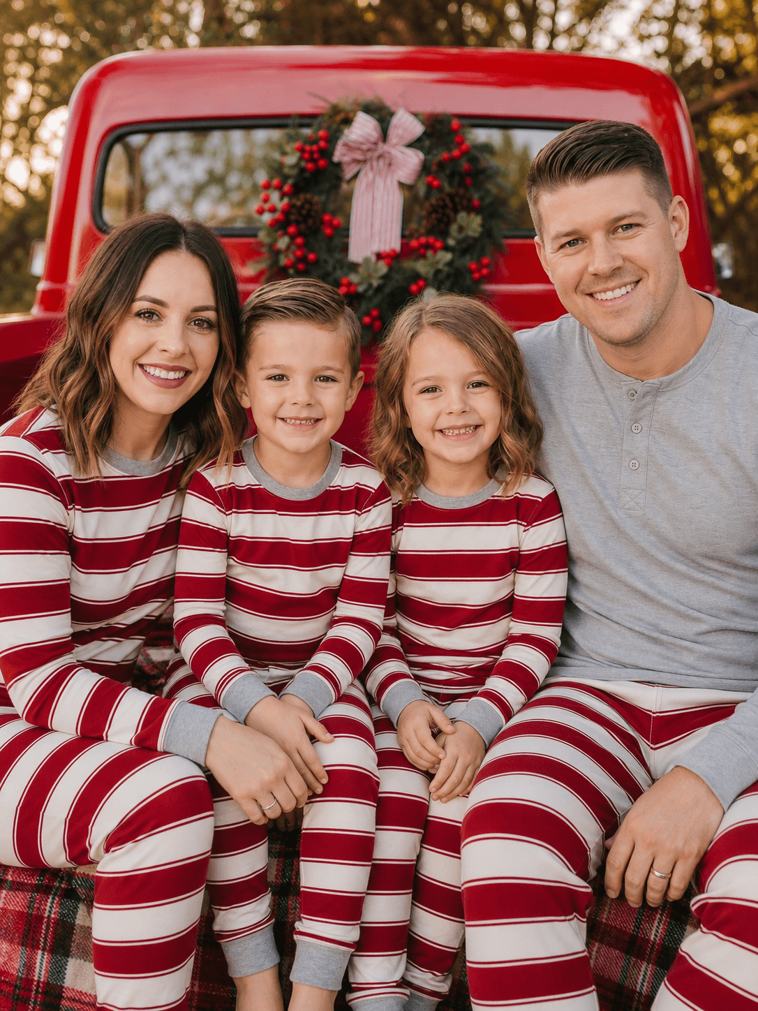 Family wearing matching red and white striped Christmas pyjamas with grey ribbed cuffs and a grey henley top - view 6