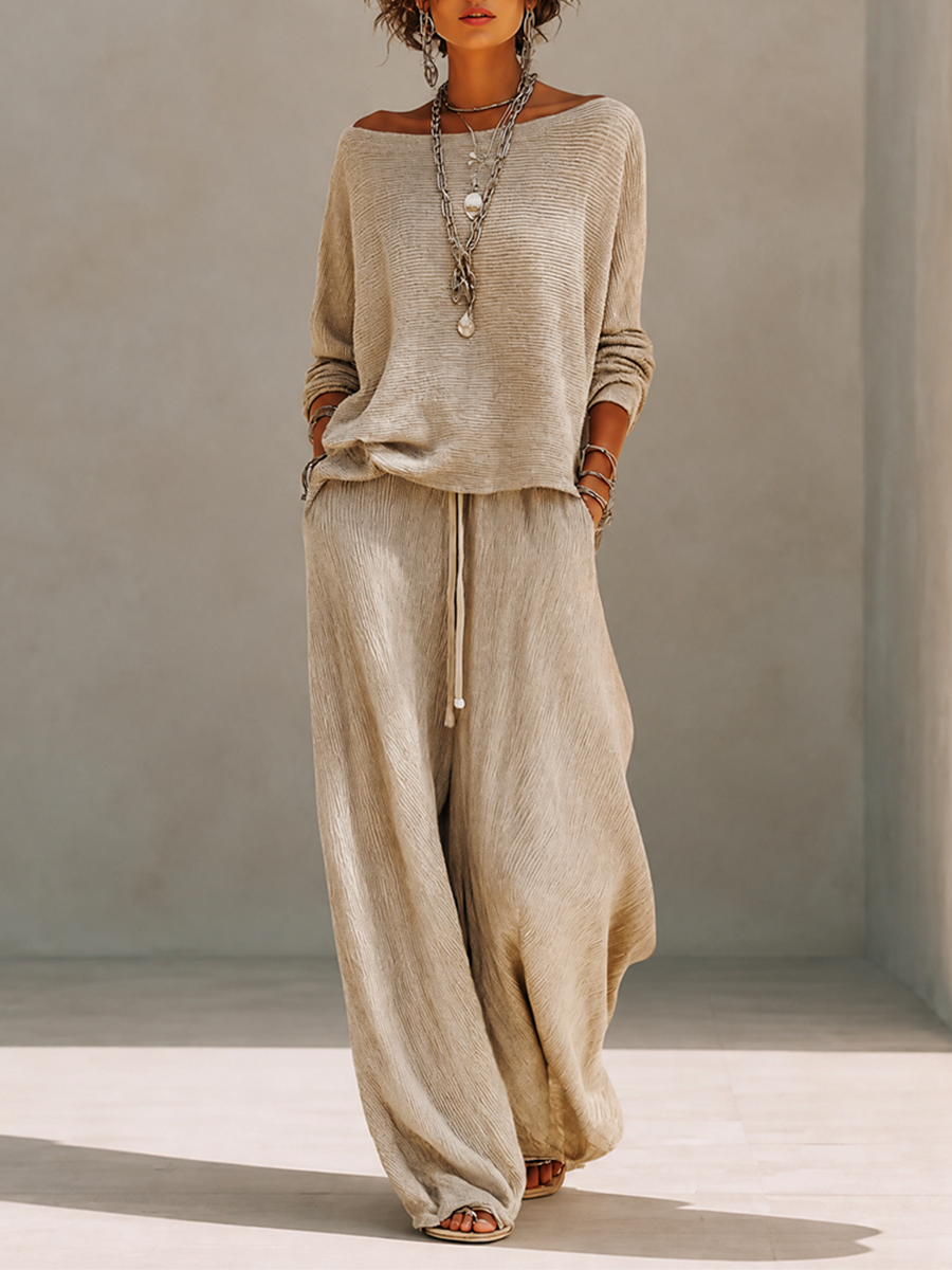 Khaki ribbed knit pullover and crinkle wide leg pants matching set