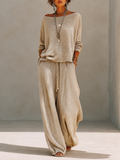 Khaki ribbed knit pullover and crinkle wide leg pants matching set