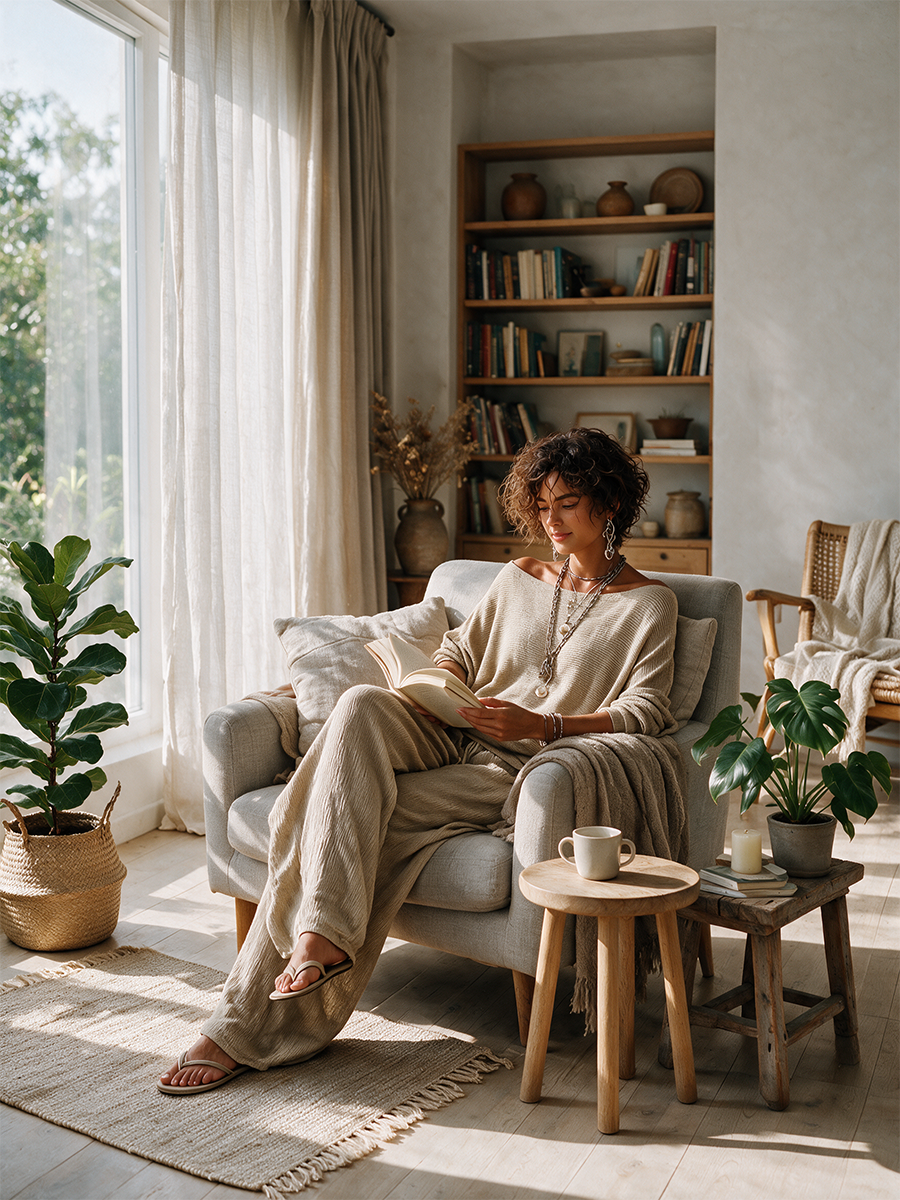 Khaki ribbed knit pullover and crinkle wide leg pants matching set - view 2