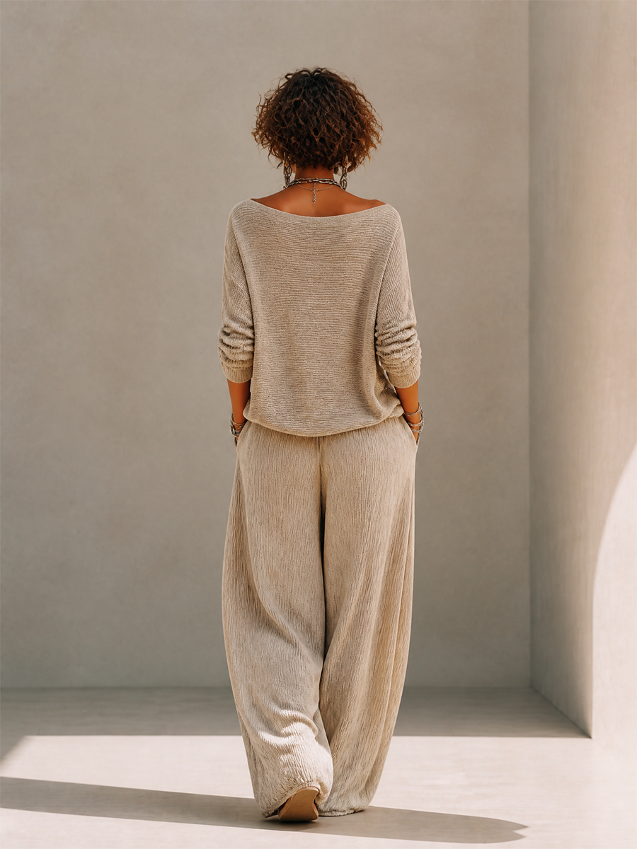 Khaki ribbed knit pullover and crinkle wide leg pants matching set - view 3