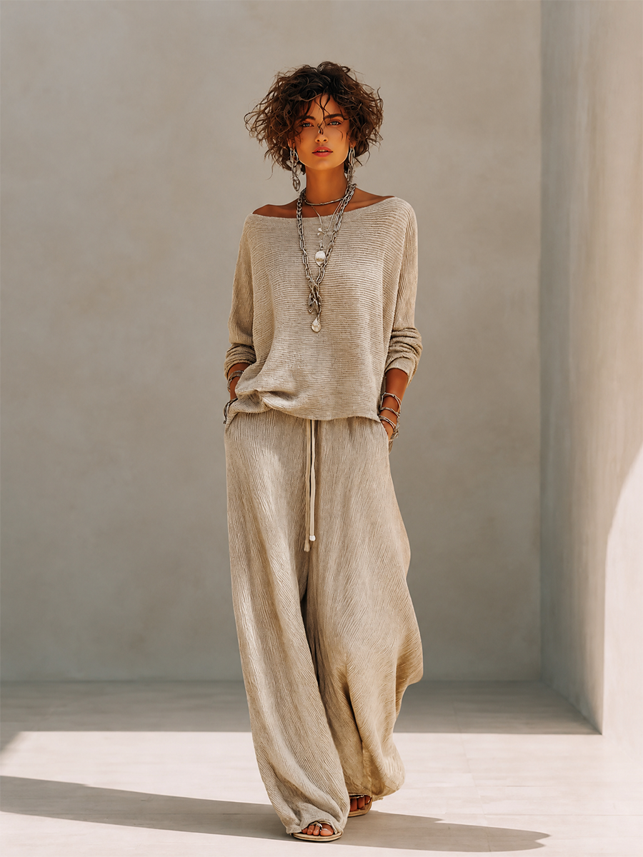Khaki ribbed knit pullover and crinkle wide leg pants matching set - view 4