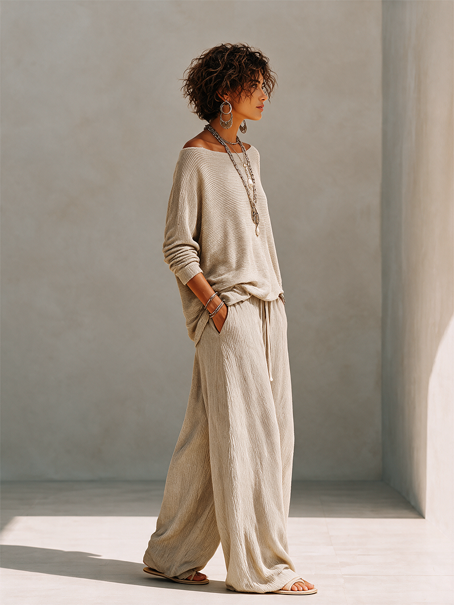 Khaki ribbed knit pullover and crinkle wide leg pants matching set - view 5