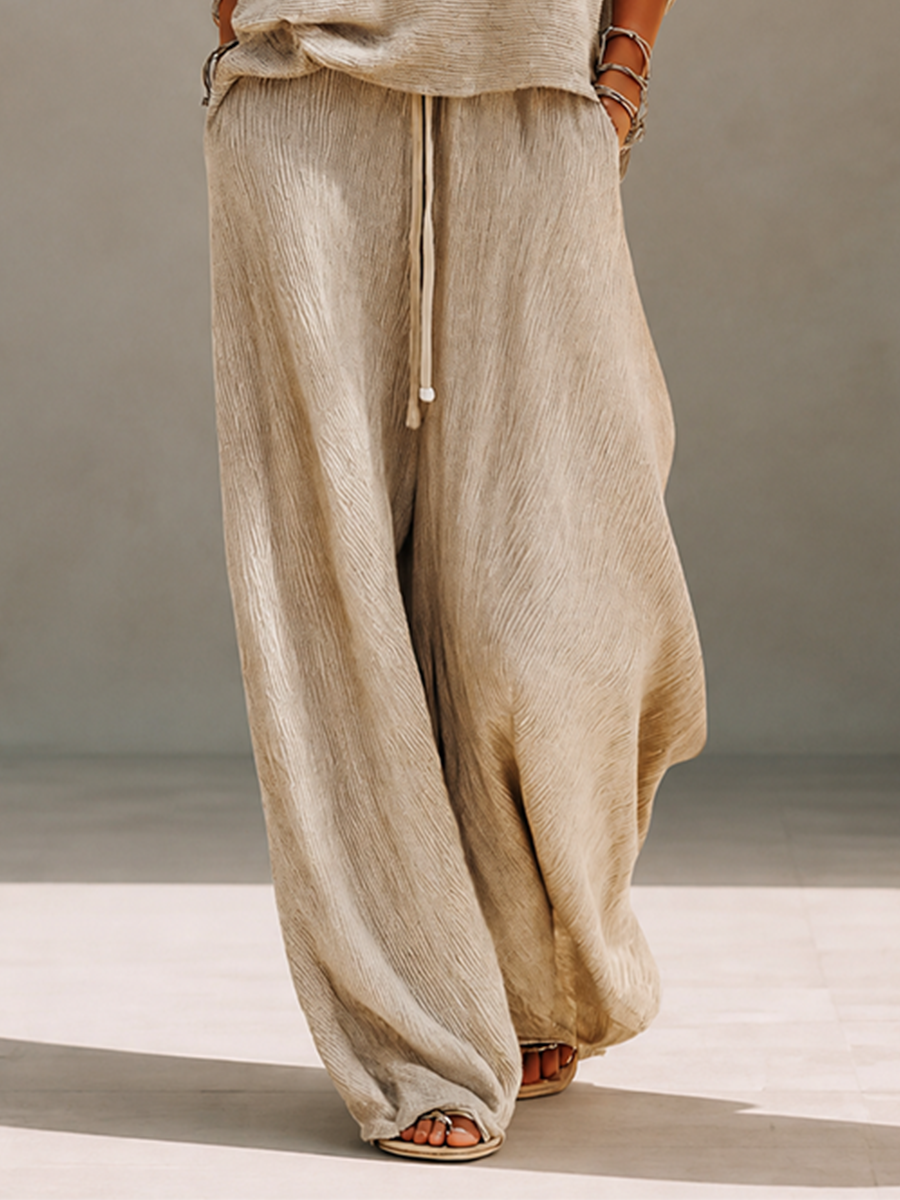 Khaki ribbed knit pullover and crinkle wide leg pants matching set - view 7