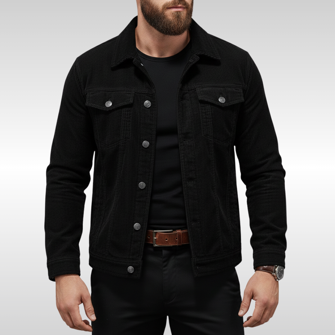 Men's corduroy trucker jacket with point collar, button front and chest flap pockets