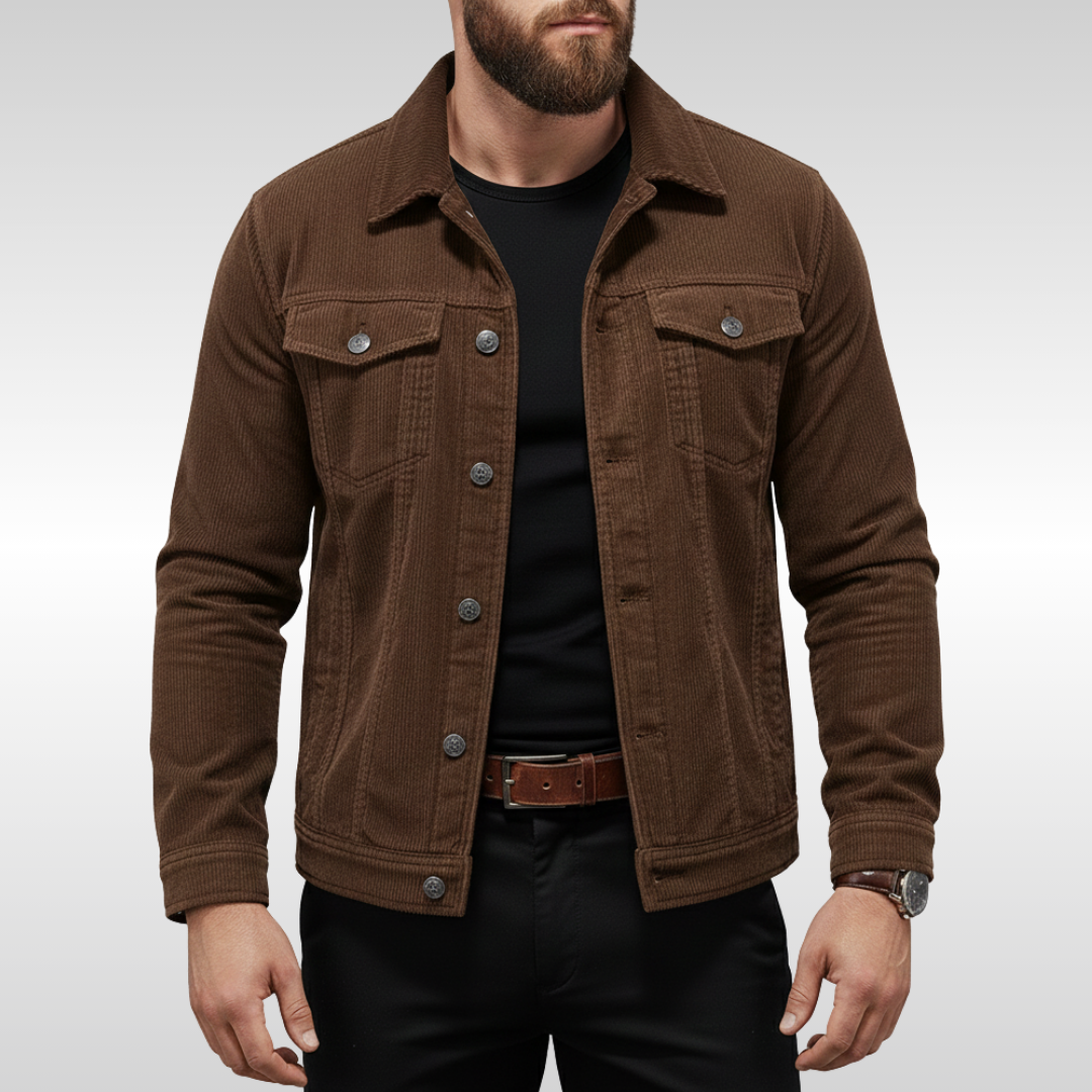 Men's corduroy trucker jacket with point collar, button front and chest flap pockets - view 2