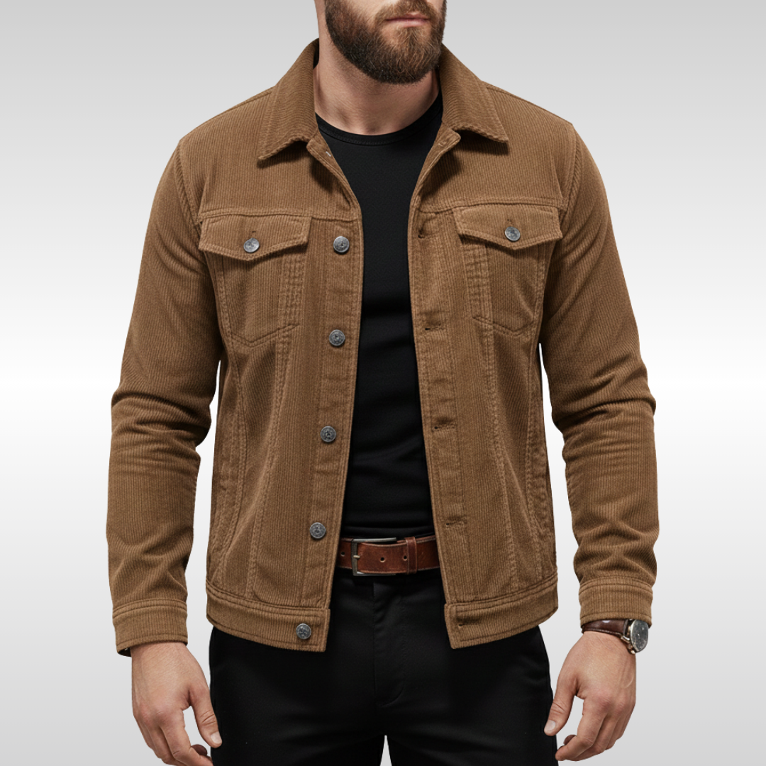 Men's corduroy trucker jacket with point collar, button front and chest flap pockets - view 3