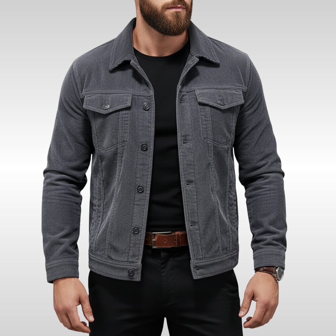 Men's corduroy trucker jacket with point collar, button front and chest flap pockets - view 4