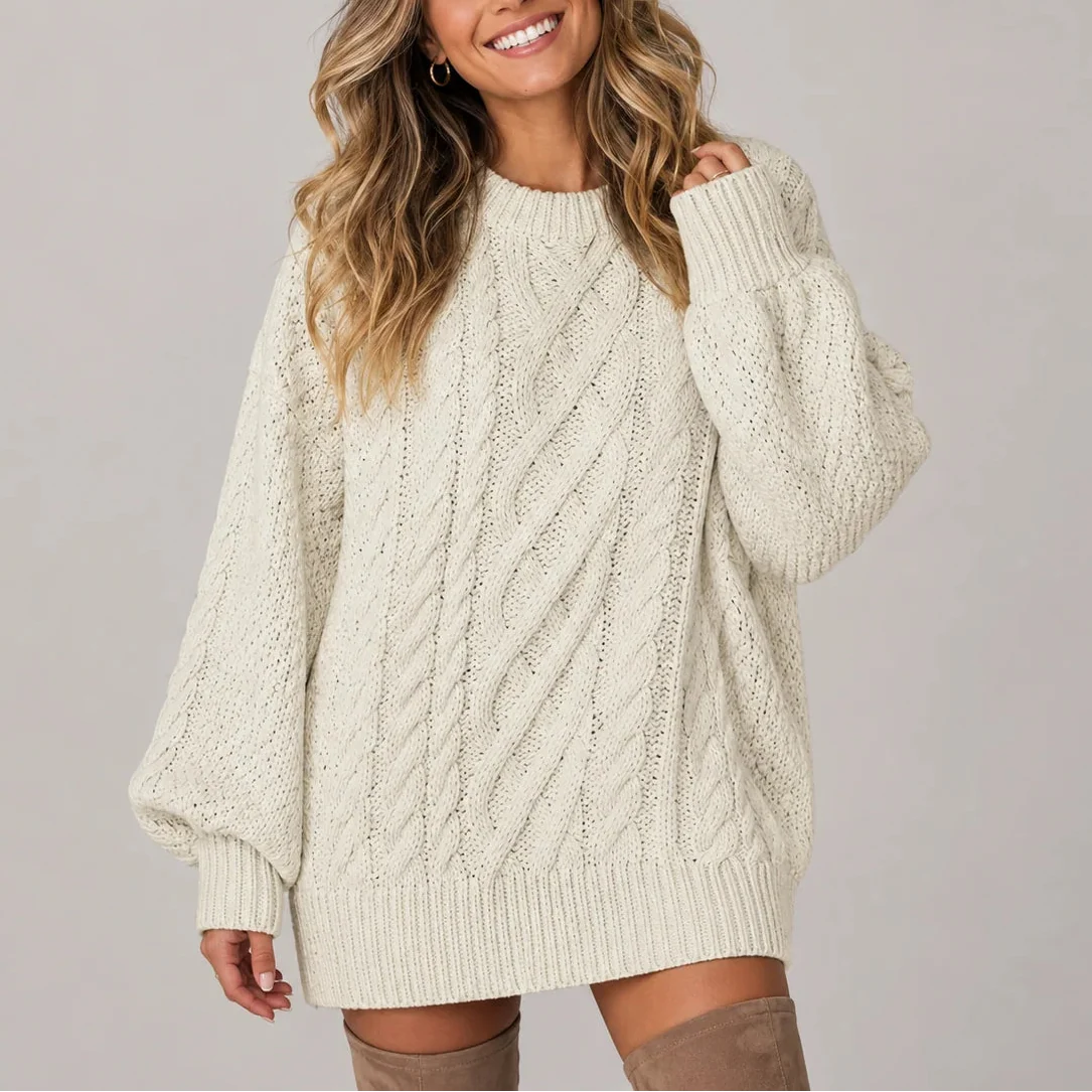 Oversized cable knit jumper dress with crew neck and balloon sleeves