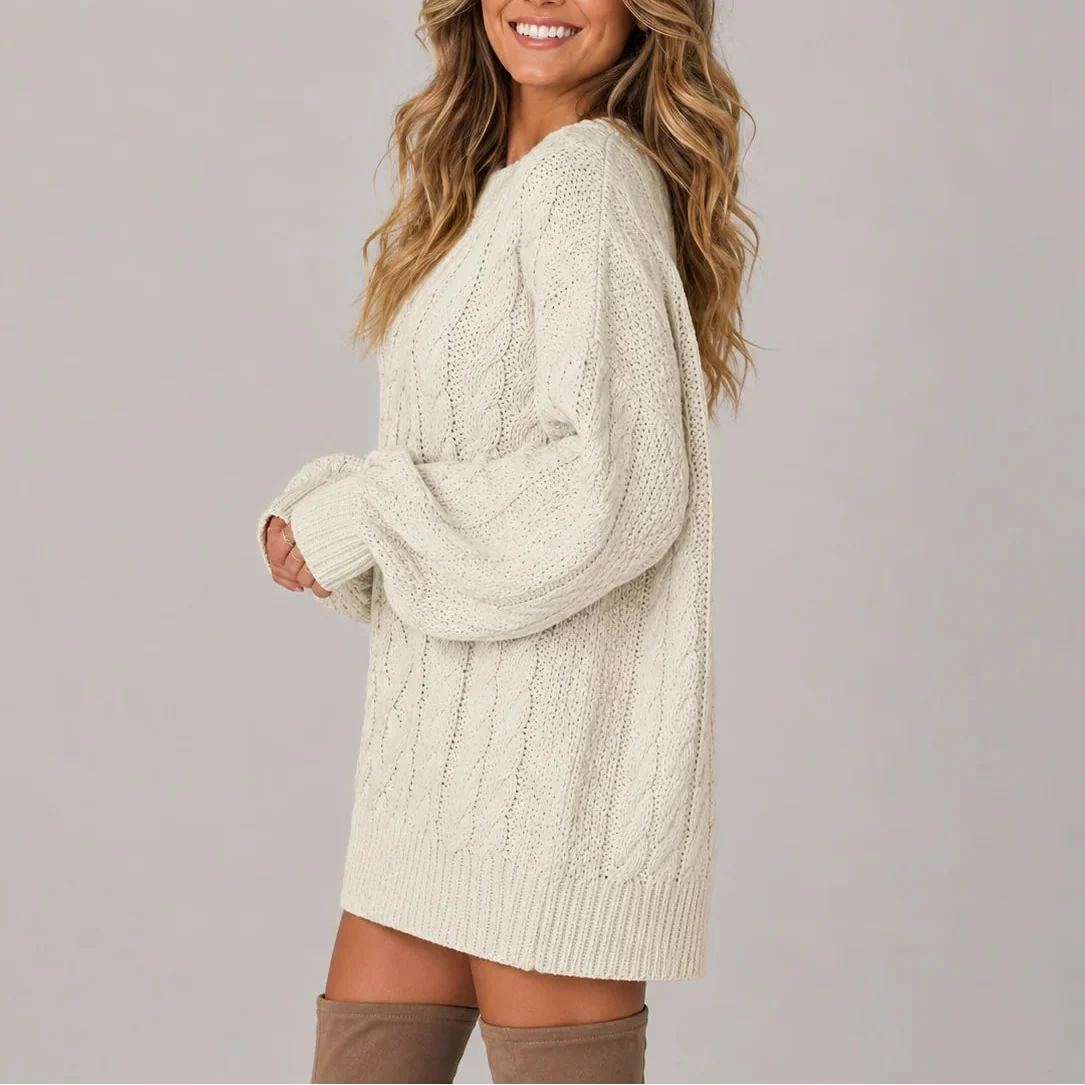 Oversized cable knit jumper dress with crew neck and balloon sleeves - view 2