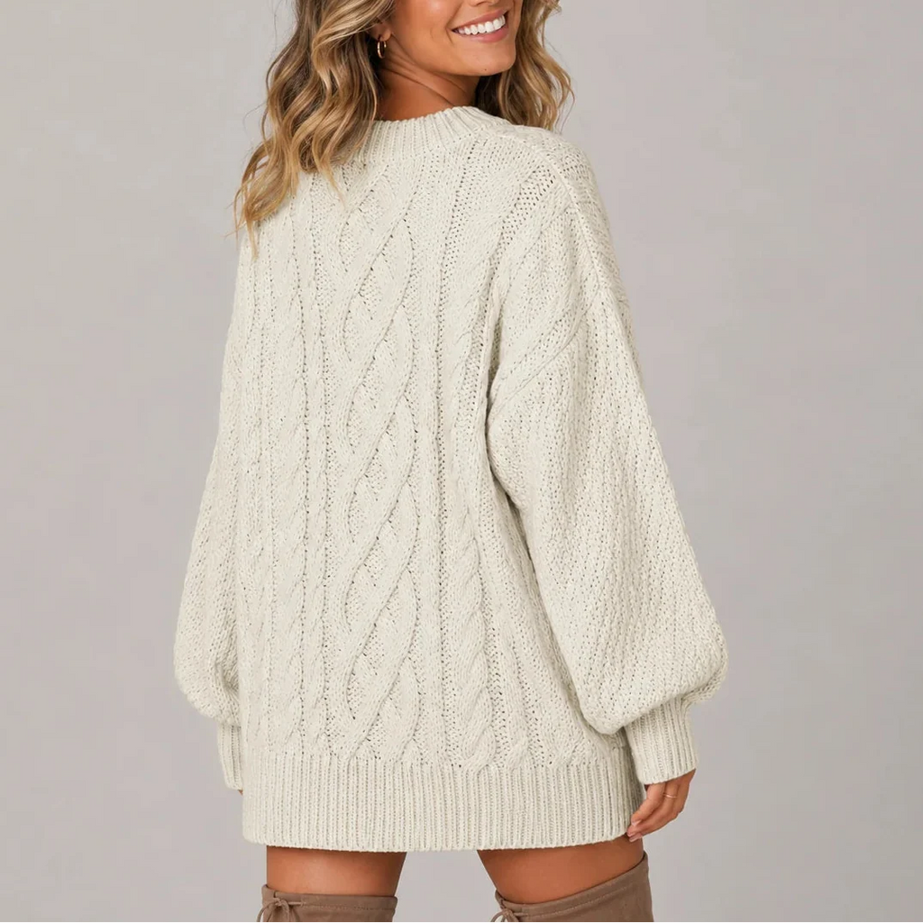 Oversized cable knit jumper dress with crew neck and balloon sleeves - view 3