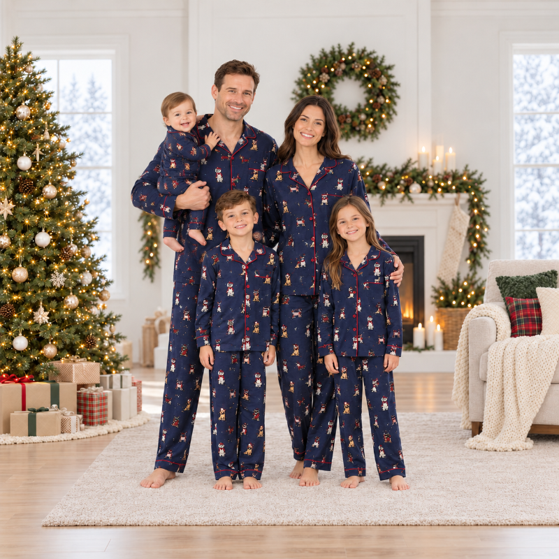 Dog print Christmas pajama set in navy with red trim