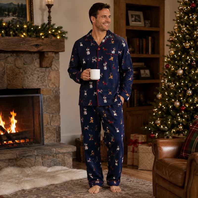 Dog print Christmas pajama set in navy with red trim - view 2