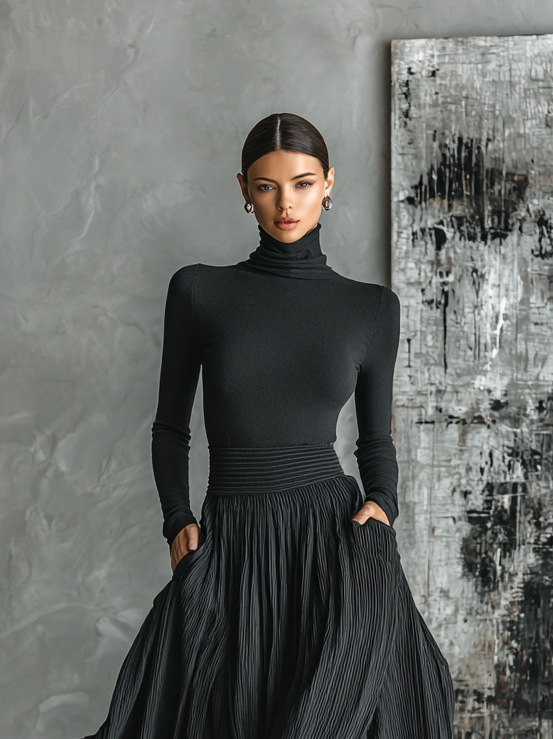 Long sleeve black turtleneck and pleated maxi skirt set with slit - view 4