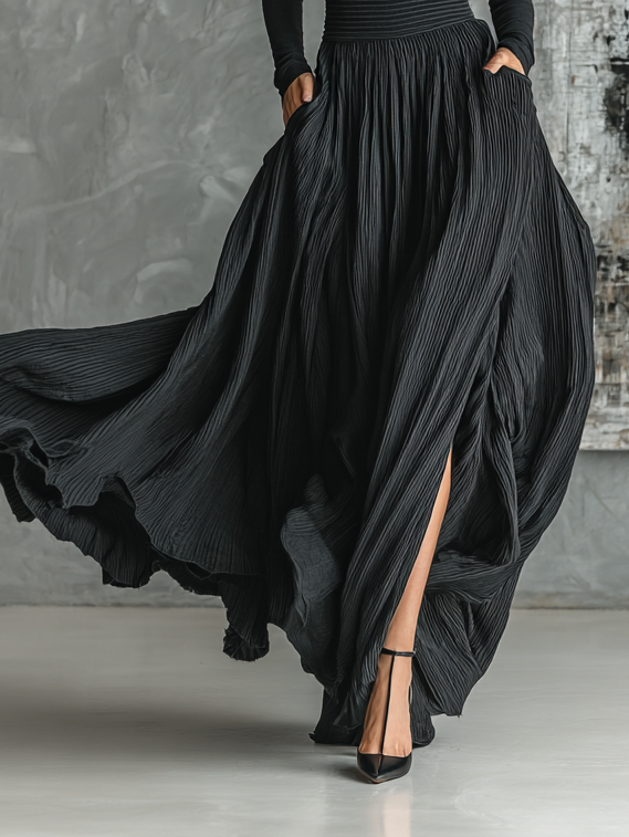 Long sleeve black turtleneck and pleated maxi skirt set with slit - view 5