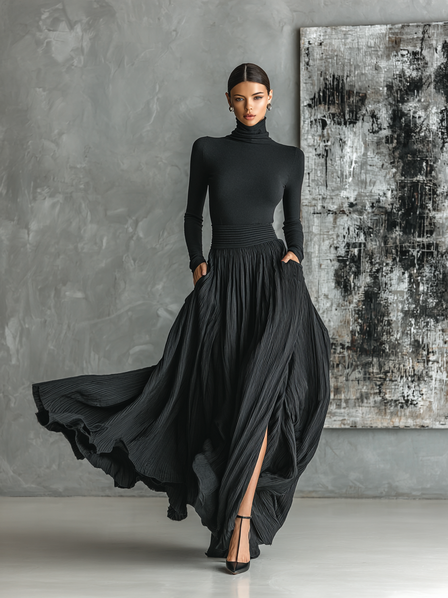 Long sleeve black turtleneck and pleated maxi skirt set with slit - view 6