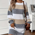 Colour block striped sweater dress in beige, grey and white with balloon sleeves