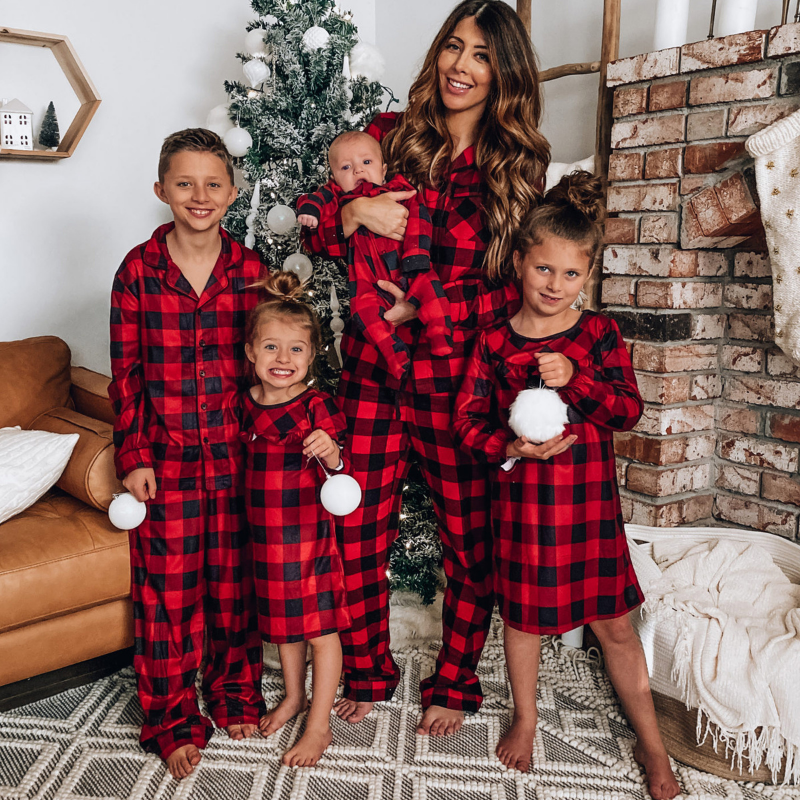 Red and black buffalo check matching family Christmas pyjamas